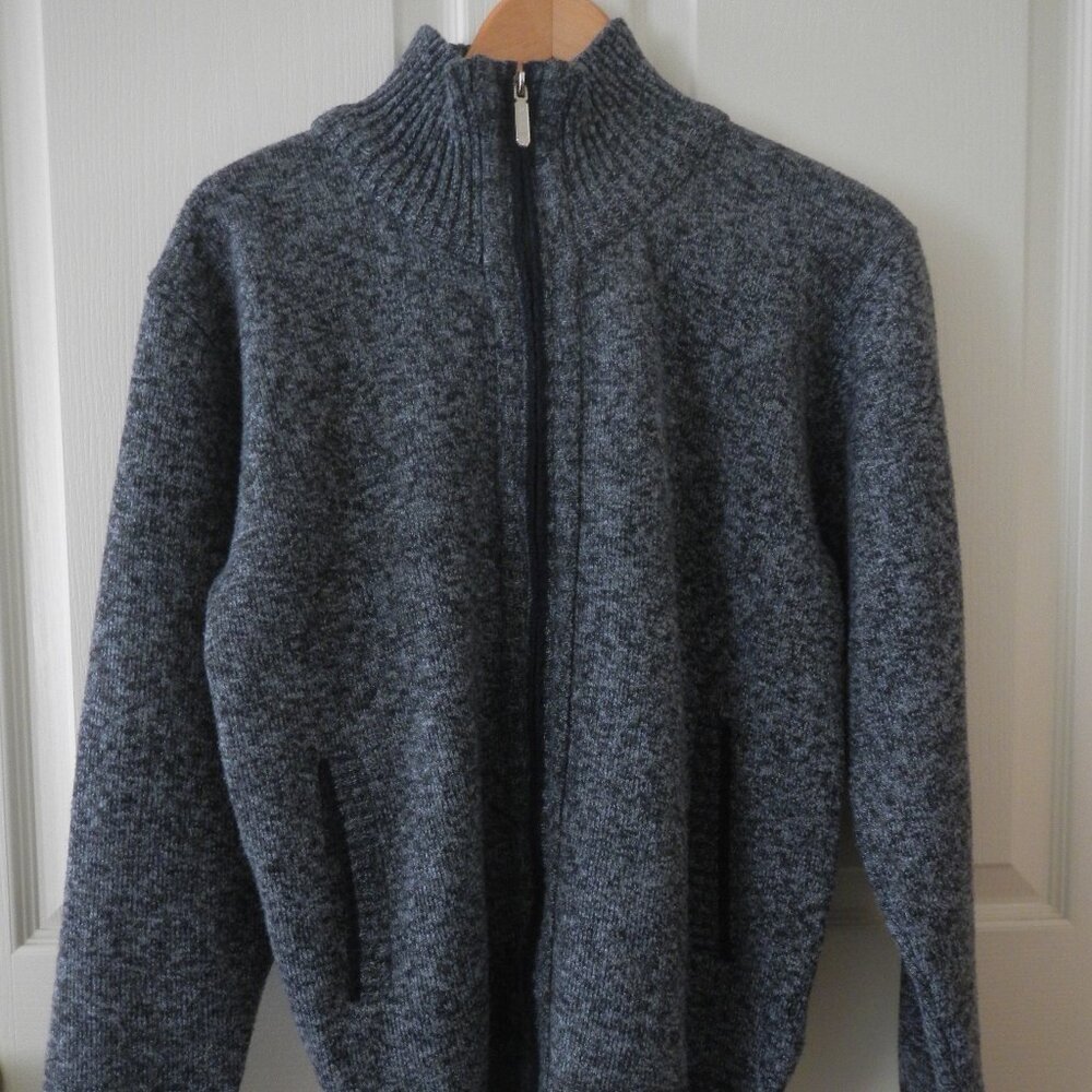 Men's small, full zip blue/gray cashmere/wool blend lined sweater.